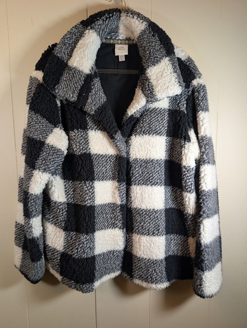 SHERPA Buffalo Plaid Teddy Jacket Knox Rose XXL Black White Cozy Oversized